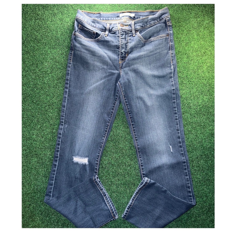 Levis 314 Shaping Straight Jeans Womens 30 Medium Wash Distressed Denim 28L